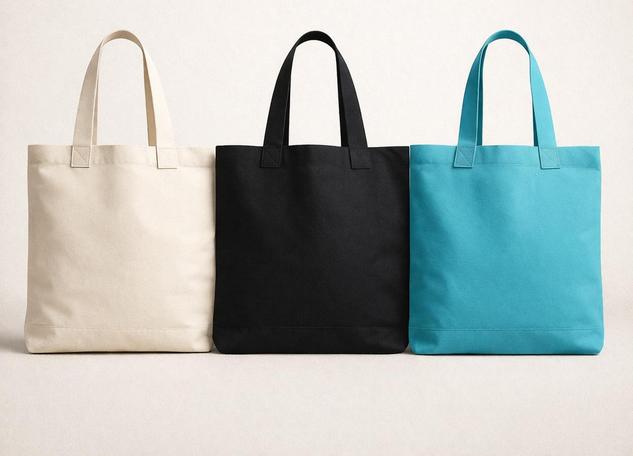 Cotton canvas tote bags in natural, black and teal