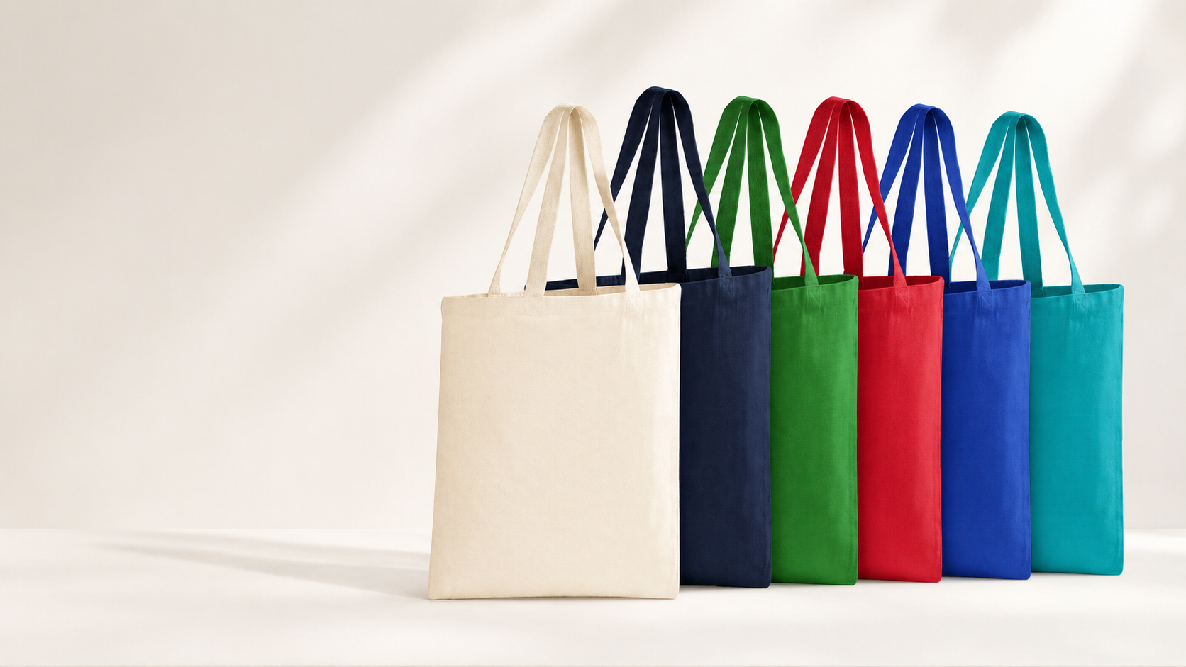 Cotton tote bags in cream, navy, green, red, blue and teal Cotton tote bags in cream, navy, green, red, blue and teal